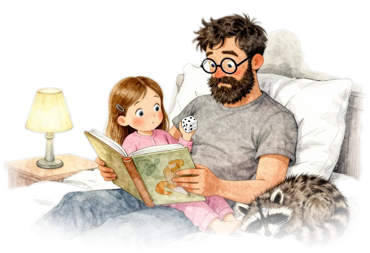 Papa und Tochter lesen abends im Bett ein Bilderbuch, sie hält einen Würfel in der Hand, ein Waschbär schläft am Fußende.